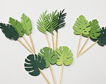 12 Tropical Party Cupcake Toppers - Palm Leaf Cupcake Toppers Monstera Leaf Cupcake Toppers Tropical Party Decor Luau Cupcake Toppers Jungle