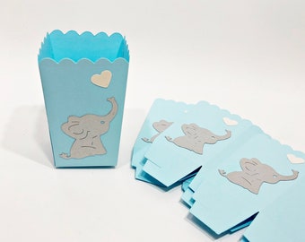 Mini cajas de palomitas de maíz con diseño de elefante azul – Cajas de dulces para recuerdos de baby shower