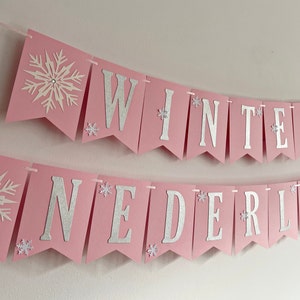 WINTER ONEDERLAND Banner Snowflake Happy Birthday Banner. Girl 1st Birthday Decorations Snowflake Baby Shower Christmas Table Decor Frozen Pink & SILVER