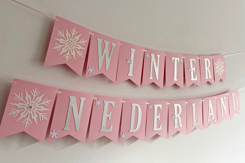 WINTER ONEDERLAND Banner Snowflake Happy Birthday Banner. Girl 1st Birthday Decorations Snowflake Baby Shower Christmas Table Decor Frozen Pink & SILVER