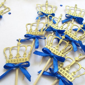 12 Pcs. Royal Prince Baby Shower Cupcake Toppers -Royal Prince First Birthday Decorations Royal Blue Gold Crown Cupcake Toppers Prince Theme