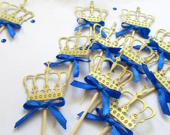 12 unidades. Adornos para cupcakes de baby shower de príncipe real - Decoraciones para el primer cumpleaños de príncipe real, adornos para cupcakes con corona azul real y dorada, tema de príncipe.