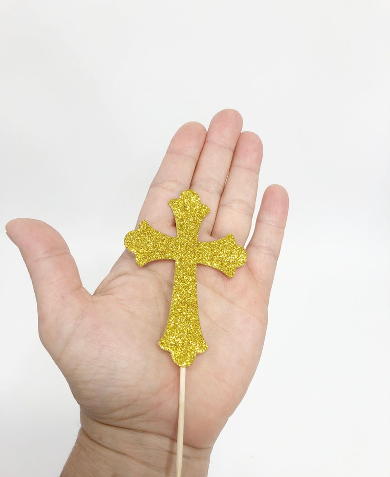 Set of 3 Glitter Cross Baptism Centerpieces Glitter Cross with Bow. Christening Baptism Decorations Cross Floral Picks Stick Centerpieces image 8