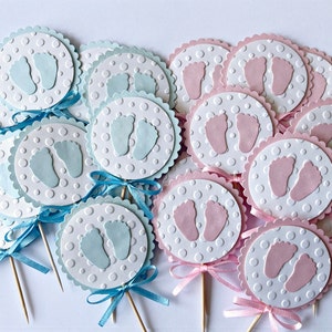 Fußabdruck Cupcake Toppers, Fußabdruck Baby Shower. Baby Girl oder Baby Boy Fußabdruck Cupcake Toppers Baby Shower Dekoration Gender Reveal Party Bild 2