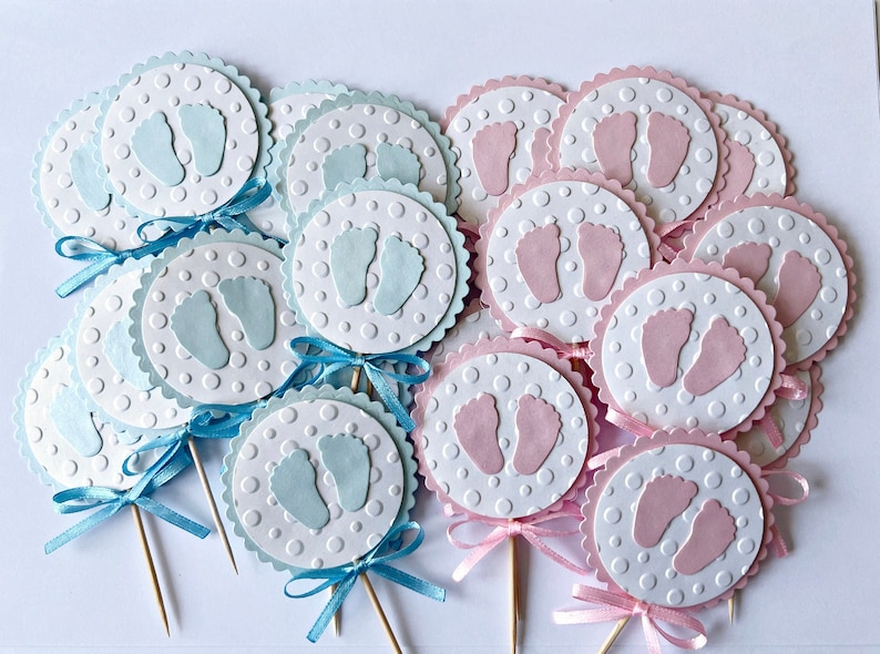 Fußabdruck Cupcake Toppers, Fußabdruck Baby Shower. Baby Girl oder Baby Boy Fußabdruck Cupcake Toppers Baby Shower Dekoration Gender Reveal Party Bild 2