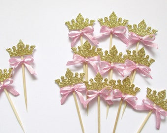 12 Princess Cupcake Toppers. Gold Glitter Crown Cupcake Toppers Princess First Birthday Party. Princess Baby Shower Decor. Party Table Decor