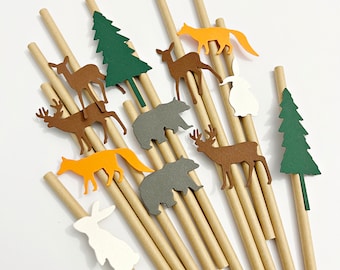 Woodland Paper Straws - Forest 1st Birthday Decorations. Woodland Baby Shower Decor. Wild One Party Decorations. Pine Tree Fox Bear Oh Deer