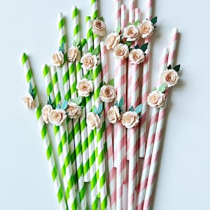 10 Rose Flower Paper Straws- Floral Baby Shower Decorations Floral First Birthday 3D Rose Flower Straws Bridal Shower Beauty Red Roses Party