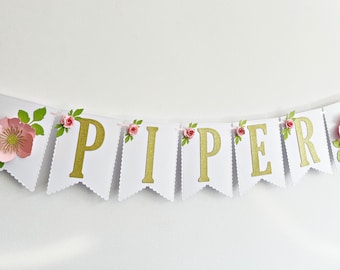 2 PERSONALISED 800mm x 297mm PRETTY ROSE GOLD FLOWER BANNER - ANY NAME 2 PERSONALISED 800mm x 297mm PRETTY ROSE GOLD FLOWER BANNER - ANY NAME