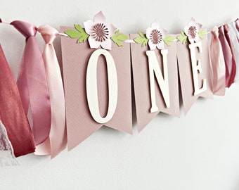 Floral ONE Highchair  Banner - Dusty Rose, Mauve 1st Birthday High Chair Banner. Baby Girl Firstr Birthday Banner. Photo Shoot