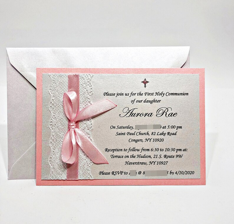 Pink Bow and Lace Baptism Invitation, Mi bautizo, Christening Invitation Girl, First Holy Communion Invitation Spanish Baptism Lace & Bow image 2