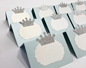 Baby Blue Place Cards Little Prince Themed Party Food Tents Baby Blue Prince Baby Shower First Birthday Silver Gold Glitter Crown Name Cards