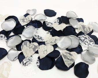 Navy Blue and silver gray flower petals. White lace rose petals, table decor, flower girl petals, baby shower decor, bridal shower decor