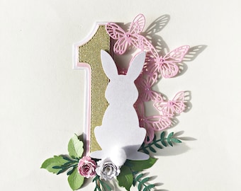 Bunny First Birthday Cake Topper – Floral, Butterflies, Number One