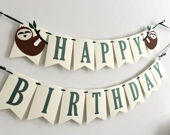 Sloth Happy Birthday Banner - Jungle Baby Shower Party Decor