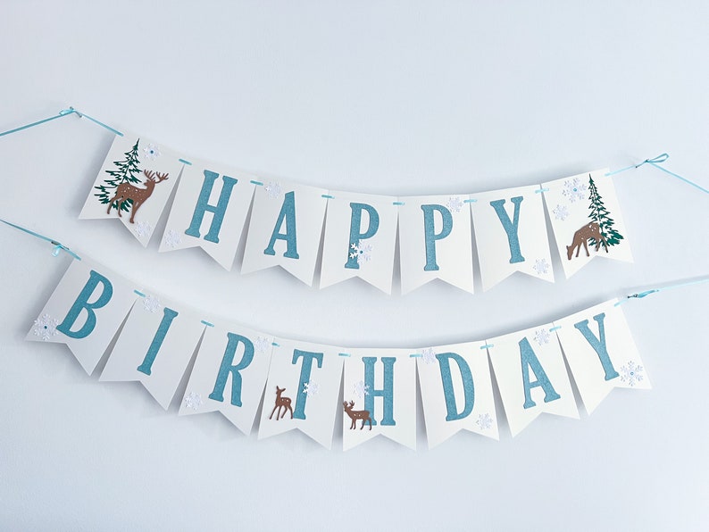 Winter Wonderland Happy Birthday Banner Forest Woodland Banner. NEUTRAL Winter Onederland Happy Birthday Banner. Snowflake Birthday Banner image 2