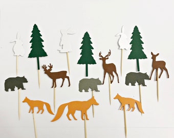 Woodland Baby Shower Animals Cupcake Toppers -Woodland Theme Baby Shower Animals 1st Birthday Decorations Pine Tree Fox Bear Deer Toppers