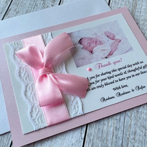 Pink Baptism Thank You Card Custom Photo Religious Thank You. Bow Lace Photo Thanks. Baptism, Christening Girl, First Communion Thank You image 4