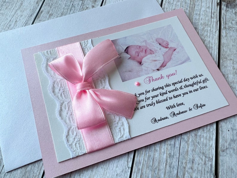 Pink Baptism Thank You Card Custom Photo Religious Thank You. Bow Lace Photo Thanks. Baptism, Christening Girl, First Communion Thank You image 4