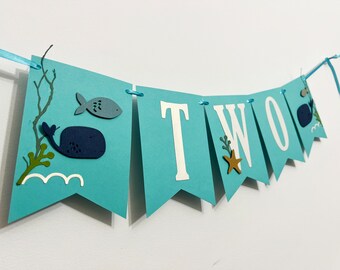 TWO the OCEAN Banner - Compleanno a tema oceano neutro. Striscione compleanno sotto il mare Animali marini ONEder the Sea, striscione compleanno nautico per bambini