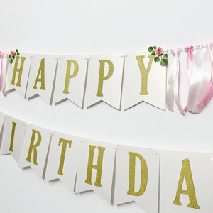 Floral Happy Birthday Banner Pink & Gold Silver 1st Birthday Decorations. Floral Birthday Banner Cake Smash Photo Flower Theme Party Decor image 1