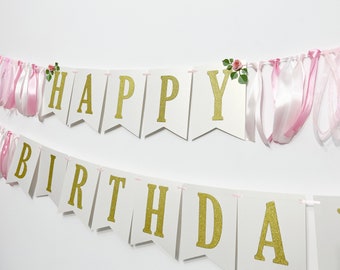 Floral Happy Birthday Banner - Pink & Gold Silver 1st Birthday Decorations. Floral Birthday Banner Cake Smash Photo Flower Theme Party Decor