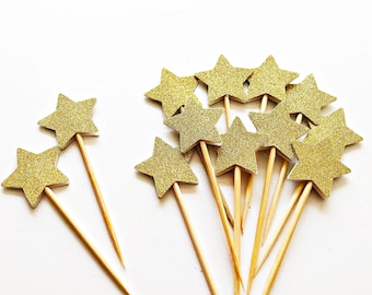 12 Glitter Star Cupcake Toppers: Birthday Party Decor