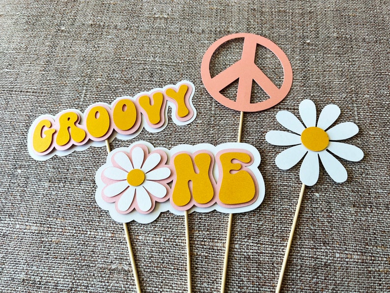 One Groovy Daisy Cake Toppers Daisy Centerpiece Floral Sticks One Groovy Baby Groovy First Birthday Hippie Retro Baby First Birthday Decor image 1