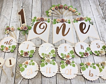 Rose Gold Floral First Birthday Decorations - Highchair Banner, Cake Topper, Photo Banner