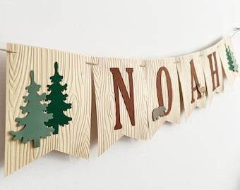 Woodland Name Banner -  Adventure Awaits, Forest Animals, Pine Trees