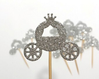 Decorazioni per cupcake a forma di carrozza di Cenerentola, glitter argento, per feste a tema principesse (12 decorazioni)
