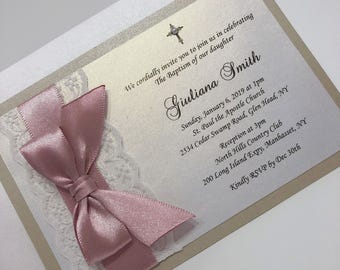Invitación de bautizo en oro rosa/rosa empolvado y arena. Invitación de primera comunión. Bautizo de niña. Invitaciones de bautizo