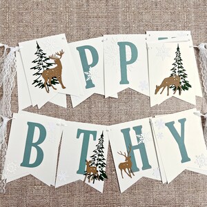 Winter Wonderland Happy Birthday Banner Forest Woodland Banner. NEUTRAL Winter Onederland Happy Birthday Banner. Snowflake Birthday Banner zdjęcie 8