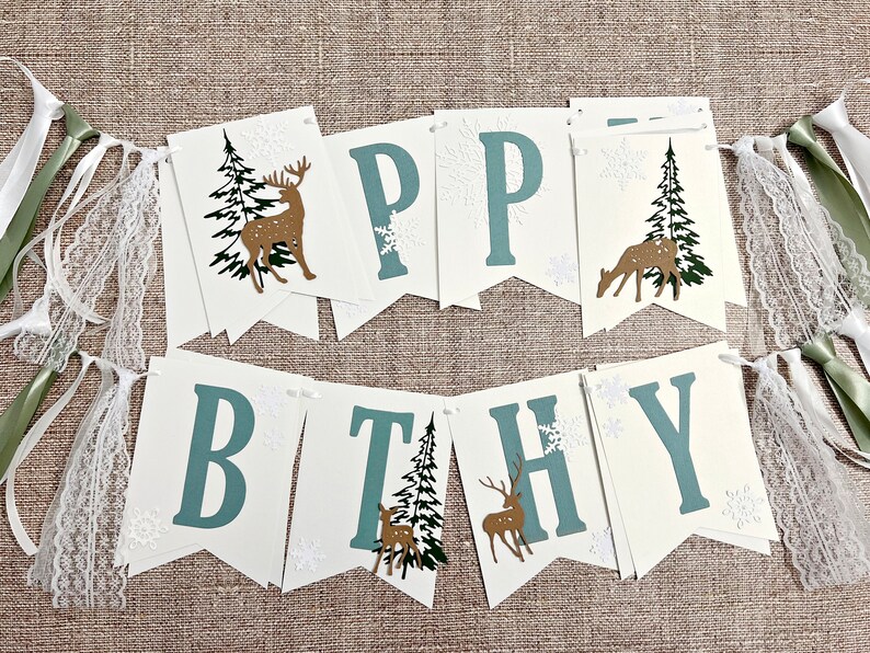 Winter Wonderland Happy Birthday Banner Forest Woodland Banner. NEUTRAL Winter Onederland Happy Birthday Banner. Snowflake Birthday Banner zdjęcie 8