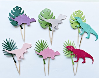 12 Girl Dinosaur Cupcake Toppers - Décorations de fête d’anniversaire de dinosaure fille. Jungle Animal Cupcake Toppers Dino Theme. Décor de fête Girl Dino