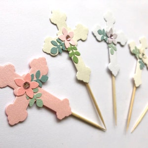 12 Floral Baptism Cross Cupcake Toppers - Baptism Decorations Girl Pink Lavender Baptism Religious Toppers Mi Bautizo Christening Communion