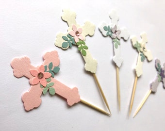 Adornos florales en forma de cruz para cupcakes – Decoraciones de bautizo en tonos rosa y lavanda (Juego de 12)