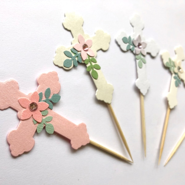 12 Floral Baptism Cross Cupcake Toppers - Baptism Decorations Girl Pink Lavender Baptism Religious Toppers Mi Bautizo Christening Communion
