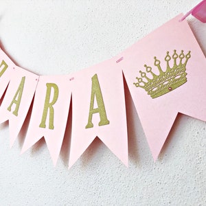 Princess NAME Banner Princess CROWN Banner. Personalized Name Banner Girl 1 st Birthday Pink Gold Birthday Party Decorations. Baby Shower image 1