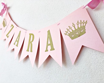 Princess NAME Banner  - Princess CROWN Banner. Personalized Name Banner Girl 1 st Birthday Pink Gold Birthday Party Decorations. Baby Shower