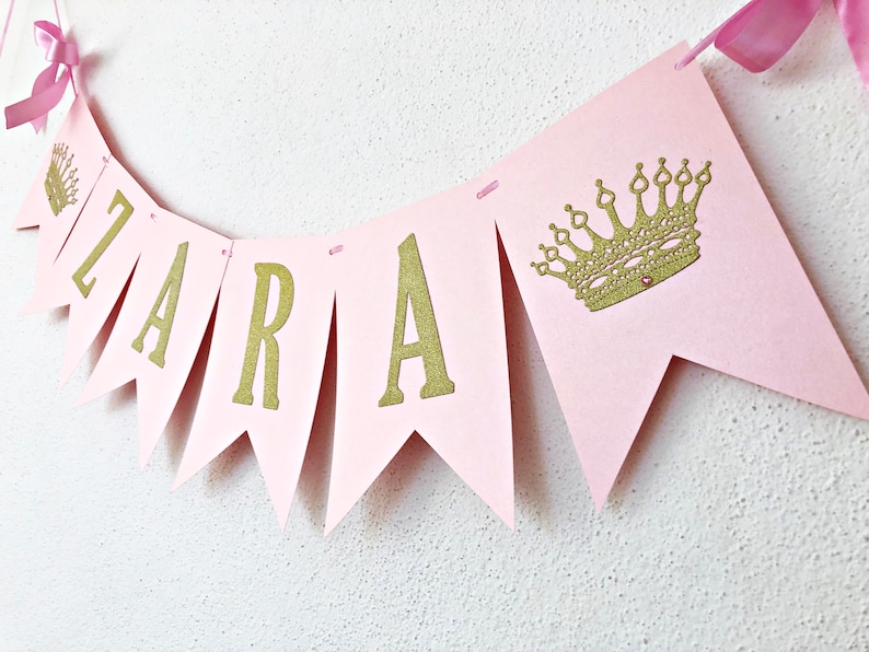 Princess NAME Banner Princess CROWN Banner. Personalized Name Banner Girl 1 st Birthday Pink Gold Birthday Party Decorations. Baby Shower image 1