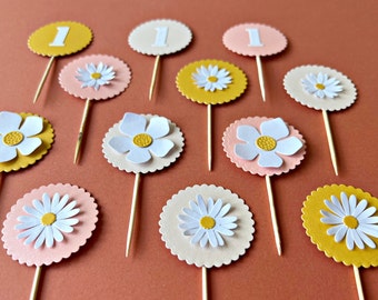 Daisy Cupcake Toppers - Décorations de fête Daisy 1er premier anniversaire Thème floral Douche nuptiale Baby Shower Fille Premier anniversaire Daisy