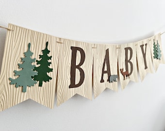 Woodland Baby Shower Banner - Abenteuer wartet auf Dich, Waldtiere, Pinien