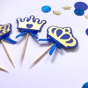 Décorations pour cupcakes Royal Prince Baby Shower. Premier anniversaire du prince royal. Décorations pour cupcakes Prince. Surmatelas bleu roi et or. Couronne image 2