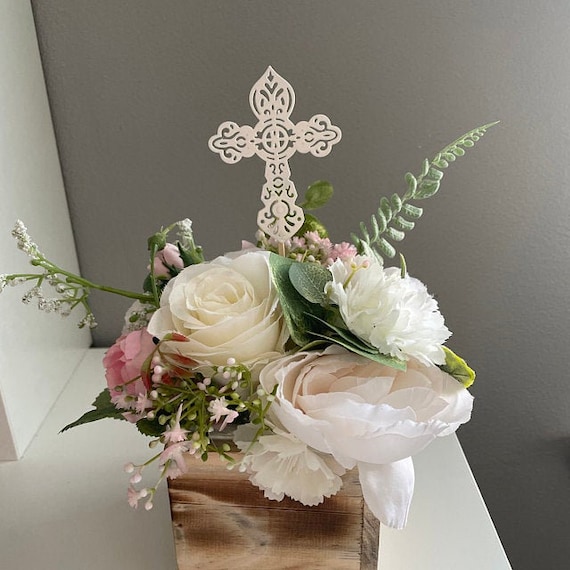 Set of 3 Cross Baptism Centerpieces Baptism Decor First Holy Communion  Centerpiece Christening Centerpieces Mi Bautizo Floral Sticks Toppers 