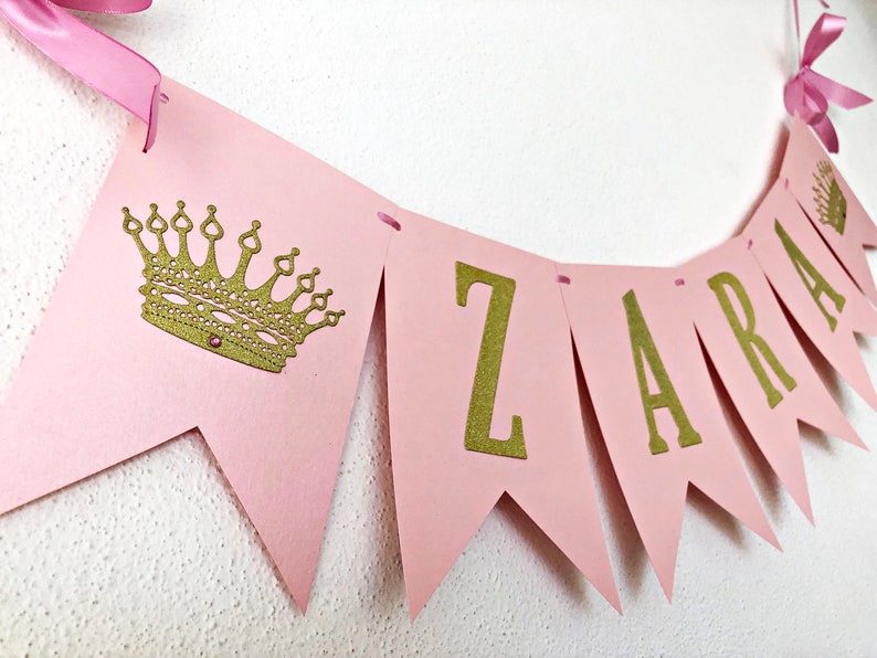 Princess NAME Banner Princess CROWN Banner. Personalized Name Banner Girl 1 st Birthday Pink Gold Birthday Party Decorations. Baby Shower image 3