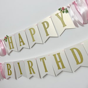 Floral Happy Birthday Banner Pink & Gold Silver 1st Birthday Decorations. Floral Birthday Banner Cake Smash Photo Flower Theme Party Decor image 5