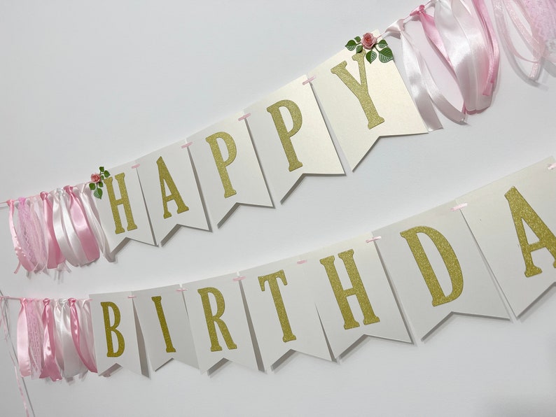 Floral Happy Birthday Banner Pink & Gold Silver 1st Birthday Decorations. Floral Birthday Banner Cake Smash Photo Flower Theme Party Decor image 5