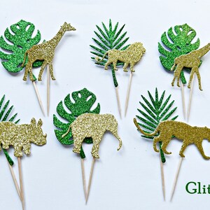 12 Dschungel Safari Cupcake Toppers Dschungel Baby Shower Dekorationen. Safari Geburtstag Party Dekor Dschungel Tier Cupcake Toppers Tropische Blätter Bild 4