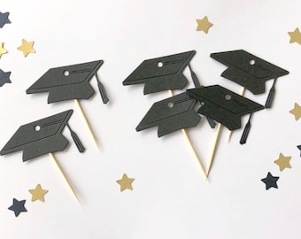 Graduation Cupcake Topper. Graduation Party Decor. Black glitter graduation cap cupcake toppers Congrats Grad Class of 2019 Graduation Party